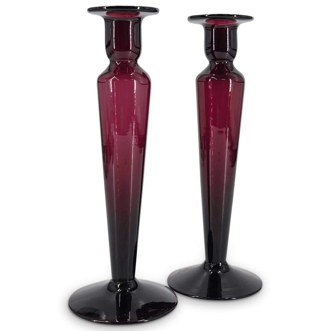 Pair Possib. Pairpoint Amethyst Glass Candlesticks (1 of 9)
