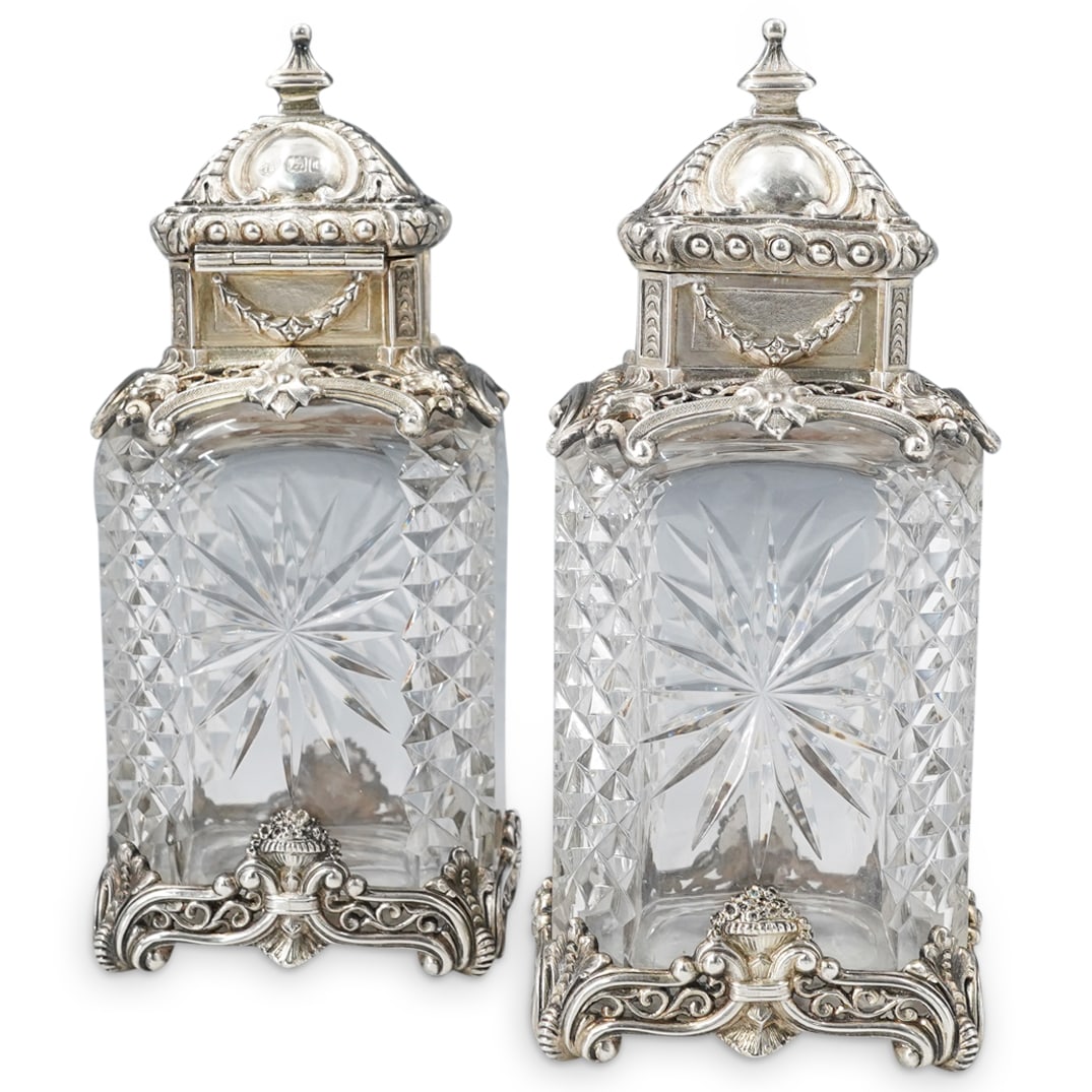 Pair Victorian Sterling Silver & Cut Glass Perfume Bottles (1 of 10)