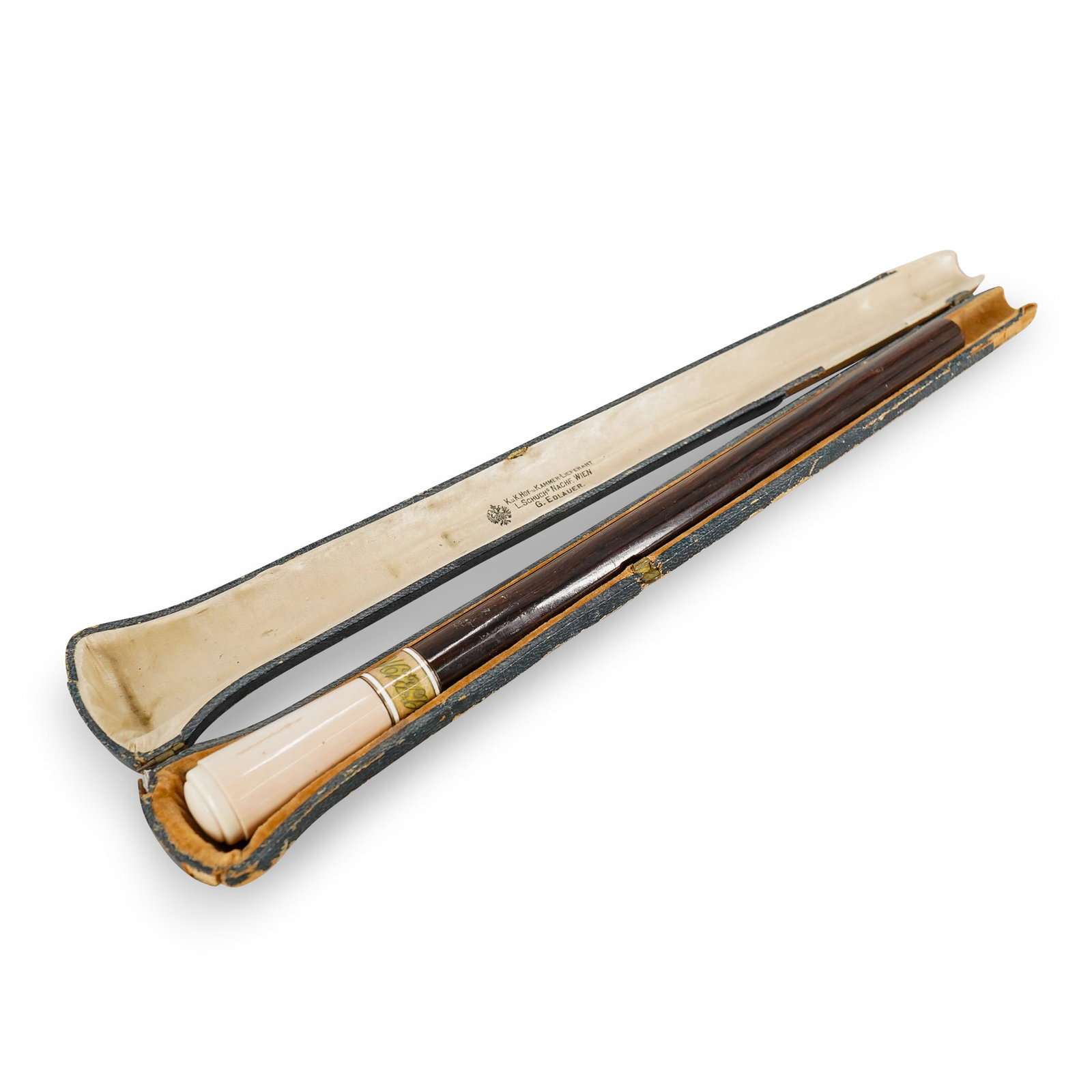 1910 Century Carved Wood And Bone Guilloche Enamel Parasol Handle: DESCRIPTION: Antique parasol handle featuring a shaft crafted from carved wood connected to a carved bone pommel via a guilloche enameled segment marked for February 5, 1910. Includes velvet lined cas