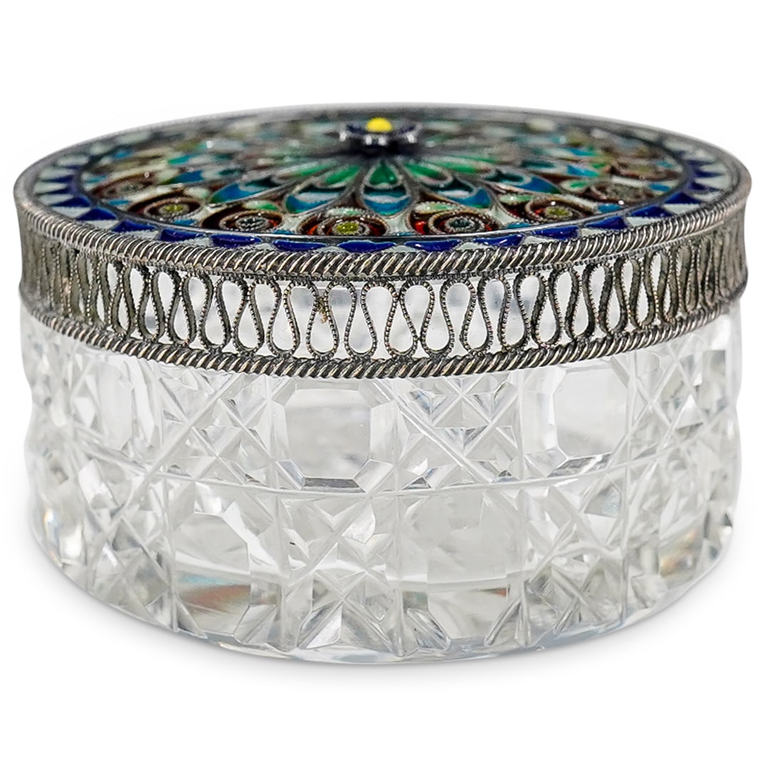 Antique French Silver Plique a Jour Cut Glass Dresser Box (1 of 6)