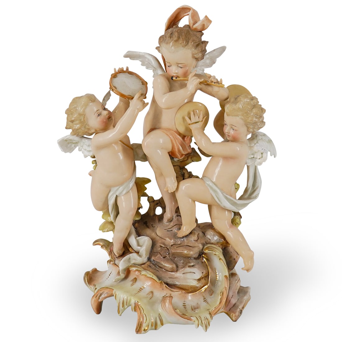 Dresden Porcelain 'Putti Musicians' Group Figurine: DESCRIPTION: Dresden porcelain group figurine depicting three semi-nude winged cherub putti figures, playing musical instruments. With hand painted polychrome finish and Dresden mark on the underside.