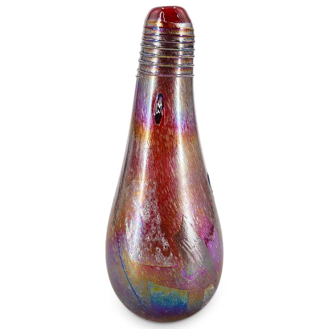 Iridescent Art Glass Vase: DESCRIPTION: Polychrome iridescent art glass vase decorated with murrine and an applied tendril. Possible signature cane: "N" or "Z". Provenance: From a Palm Springs, California Collection. CIRCA: - O