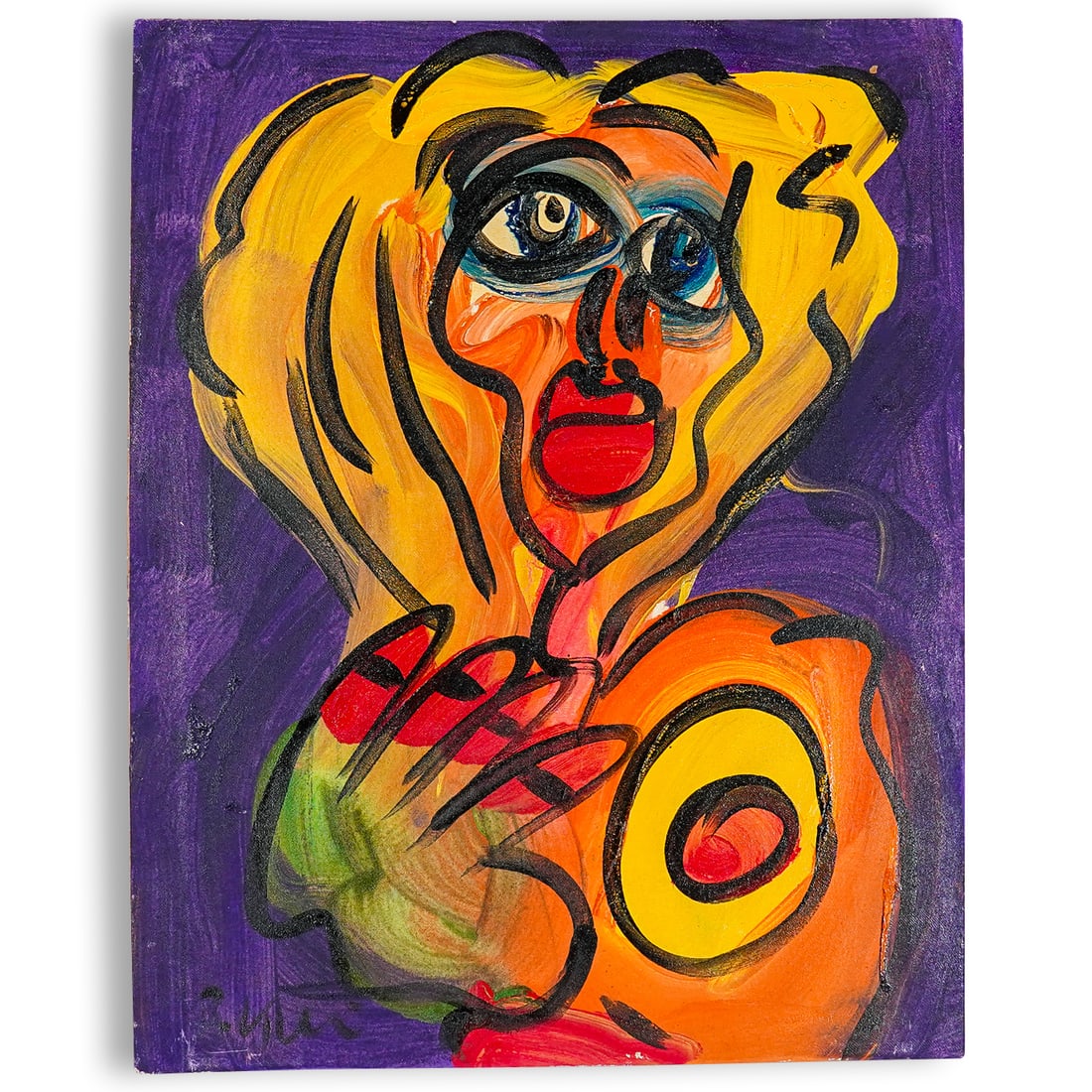 Peter Robert Keil (German, B. 1942) Blonde Nude Oil On Canvas: DESCRIPTION: Oil on canvas painting by Peter Keil depicting a blonde nude woman against a purple background. Signed at lower left. CIRCA: Late 20th to early 21st Century ORIGIN: Germany DIMENSIONS: H: