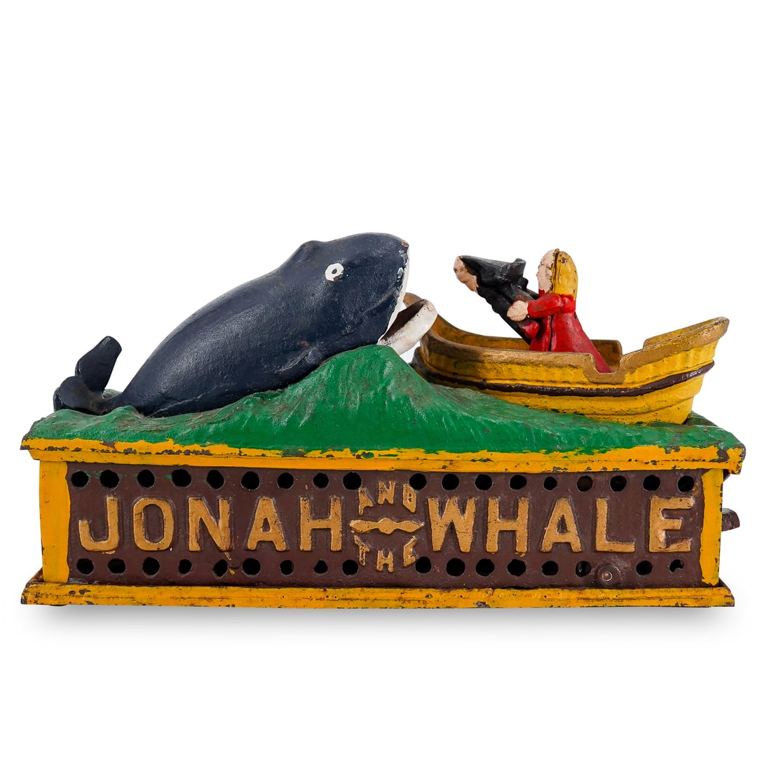Antique Taiwanese Cast Iron "Jonah And The Whale" Mechanical Bank: DESCRIPTION: Cast iron mechanical bank after a design by Peter Adams for Shepard Hardware Co. depicting a seaman hurling Jonah into the mouth of a whale among stormy waves on a platform labeled "Jonah