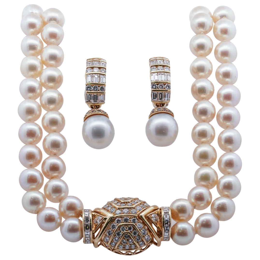 (3 Pc) Italian 18k Gold, Diamond and Beaded Pearl Jewelry Set (1 of 8)