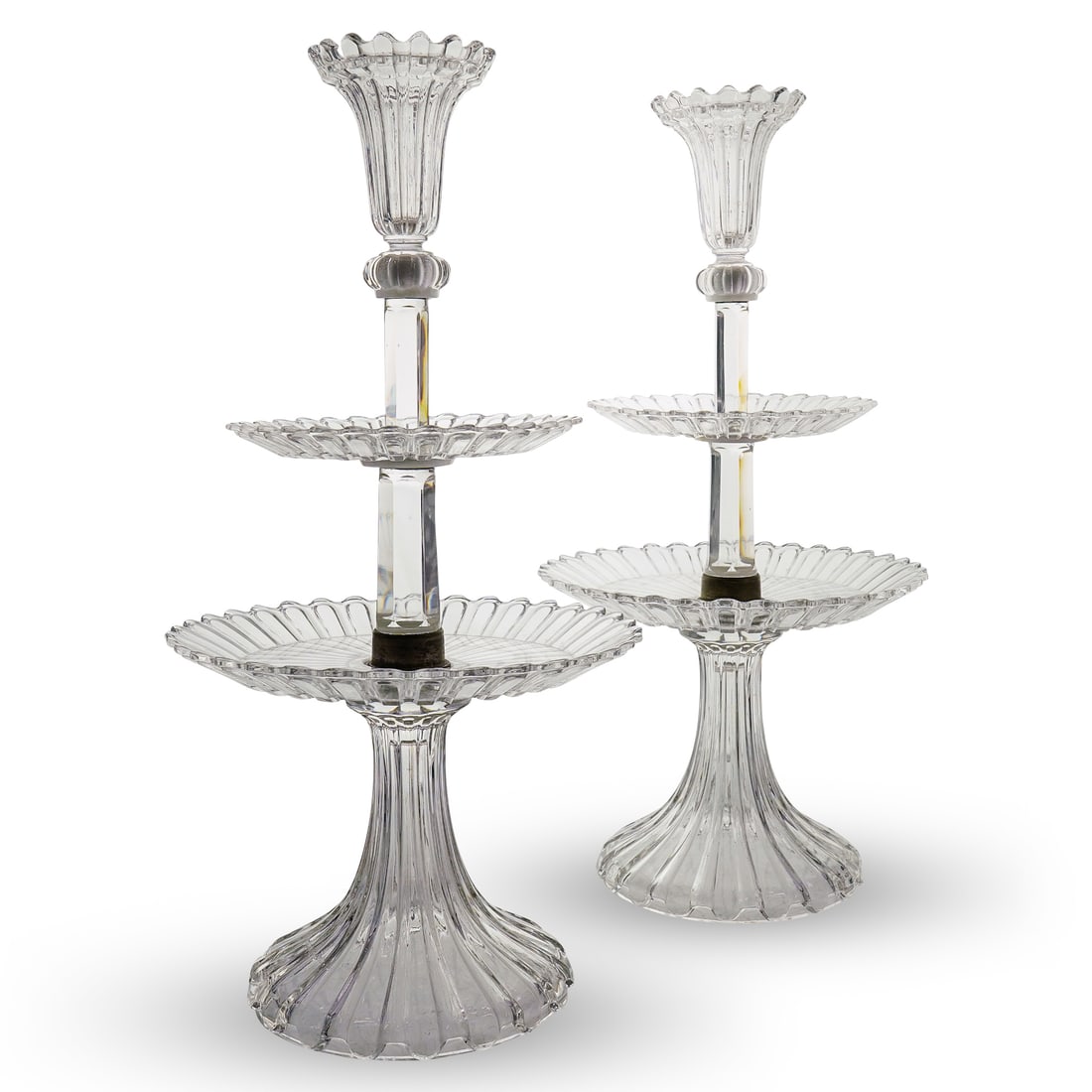 Pair Of Baccarat Two Tiered Molded Dessert Epergnes: DESCRIPTION: Two matching Baccarat crystal glass dessert stands, each featuring two tiers on a flared foot and sporting a central cup at its top. Marked "Baccarat" and "N 4967" on first tier of each p