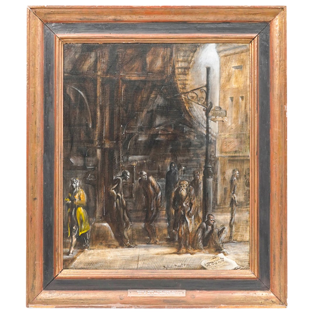 Reginald Marsh (American, 1898-1954) Two Women Picked By Ike For Top Places (Third Avenue El): DESCRIPTION: Reginald Marsh (American, 1898-1954) Two Women Picked by Ike for Top Places (Third Avenue El) Oil on board Signed and dated "Reginald Marsh 1952" at lower center. Provenance: Mr. and Mrs.