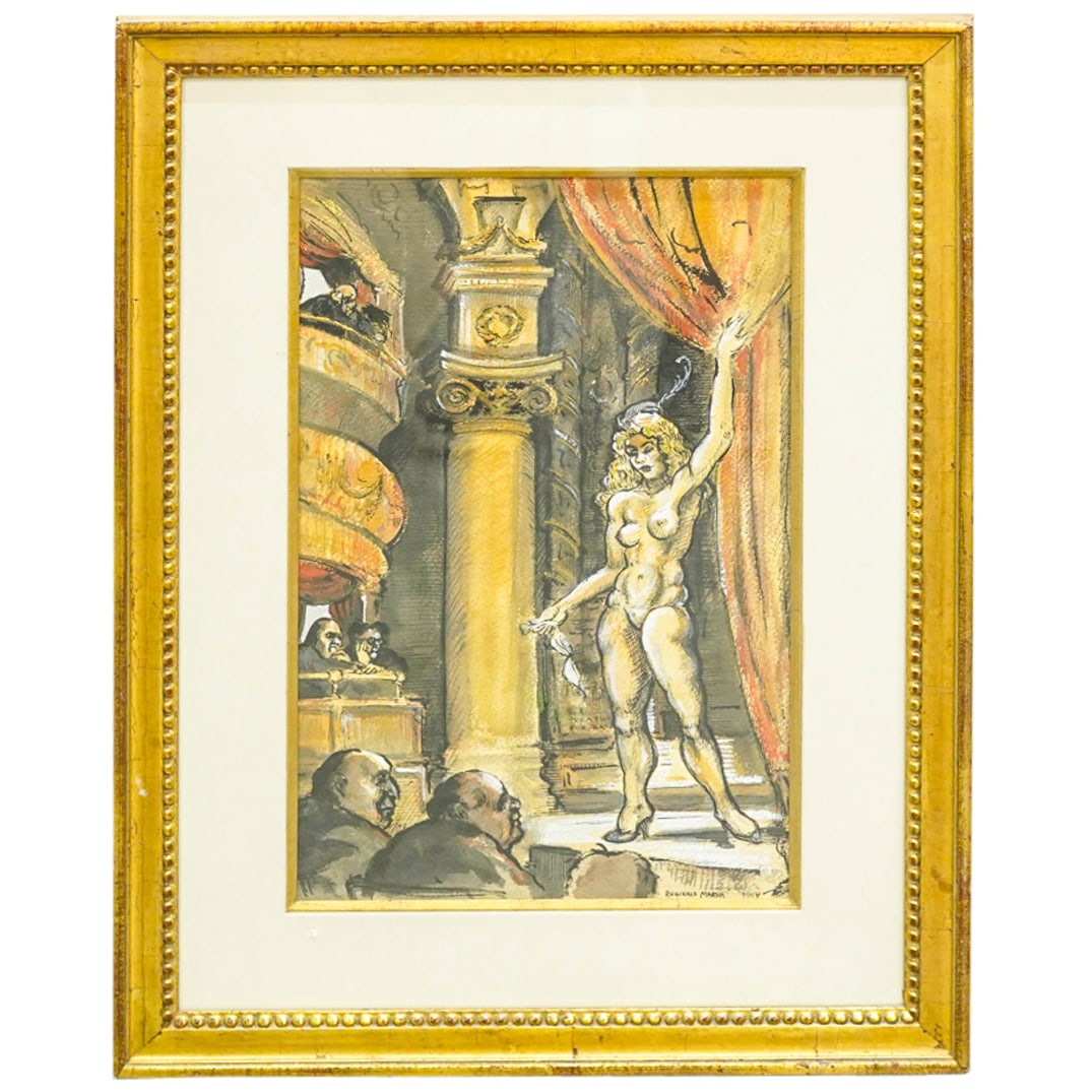 Reginald Marsh (American, 1898–1954) "Burlesque" Watercolor & Gouache: DESCRIPTION: Watercolor, gouache, and ink on paper entitled "Burlesque" by Reginald Marsh depicting a striptease act on a curtained stage in a theatre. Signed and dated at lower right. Mounted In a gi