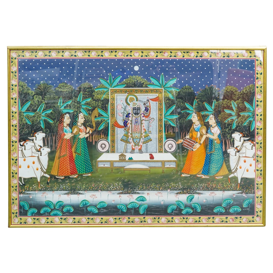 Large Antique Indian School Shrinathji Worshipers Gouache On Fabric (1 of 5)