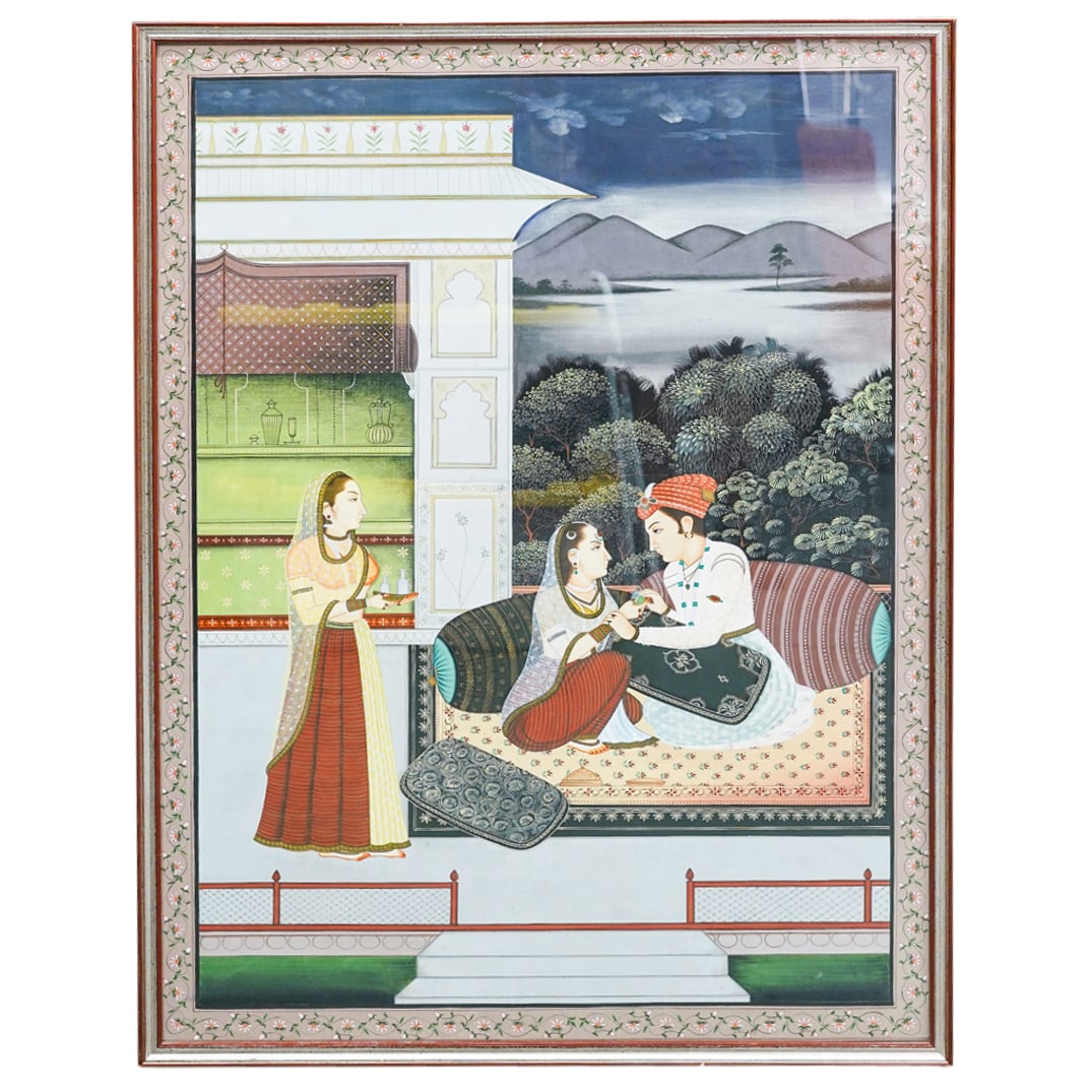 Large Antique Indian Pavilion Courting Scene Gouache on Fabric (1 of 7)