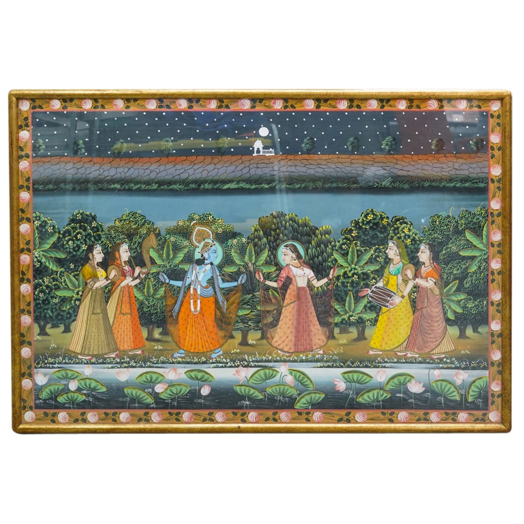 Large Antique Indian Krishna Dancing W/ Maidens Near Pavillion Gouache on Fabric (1 of 6)