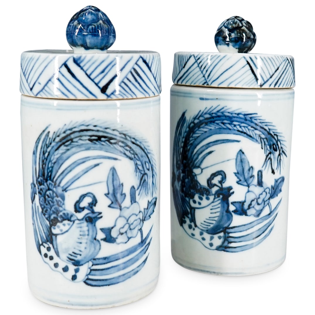 Pair Of Antique Chinese Lidded Blue And White Porcelain Jars (1 of 10)
