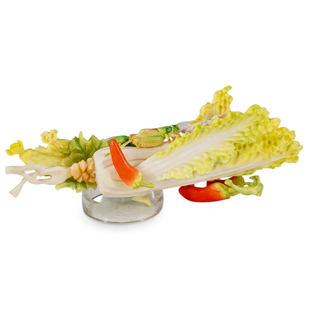 Unusual Antique Chinese Carved Bone Fruit And Vegetable Figurine: DESCRIPTION: Unusual figurine intricately crafted from carved bone depicting a head of lettuce accented by peppers and populated by a grasshopper and subtly colored throughout. CIRCA: 19th to early 20