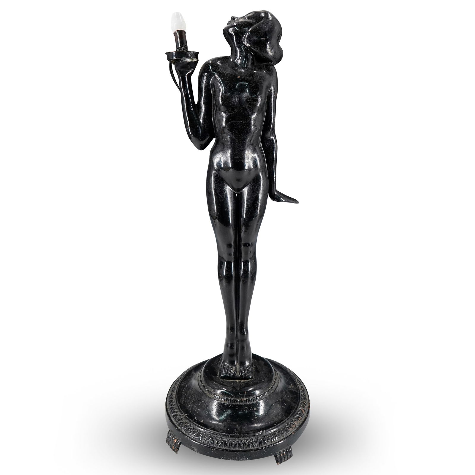 American Art Deco Nuart Frankart Style Figural Lamp: DESCRIPTION: American Art Deco Nuart Frankart style patinated metal figural lamp depicting a standing nude female figure holding a light with her right hand. Designed with Art Deco aesthetics, and bla