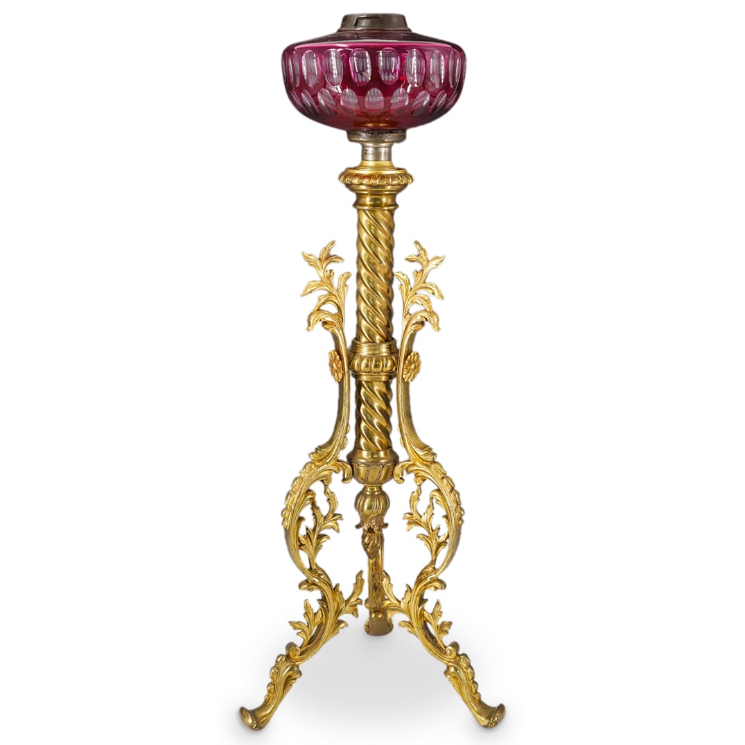 Antique Gilt Bronze & Cranberry Glass Oil Lamp (1 of 7)
