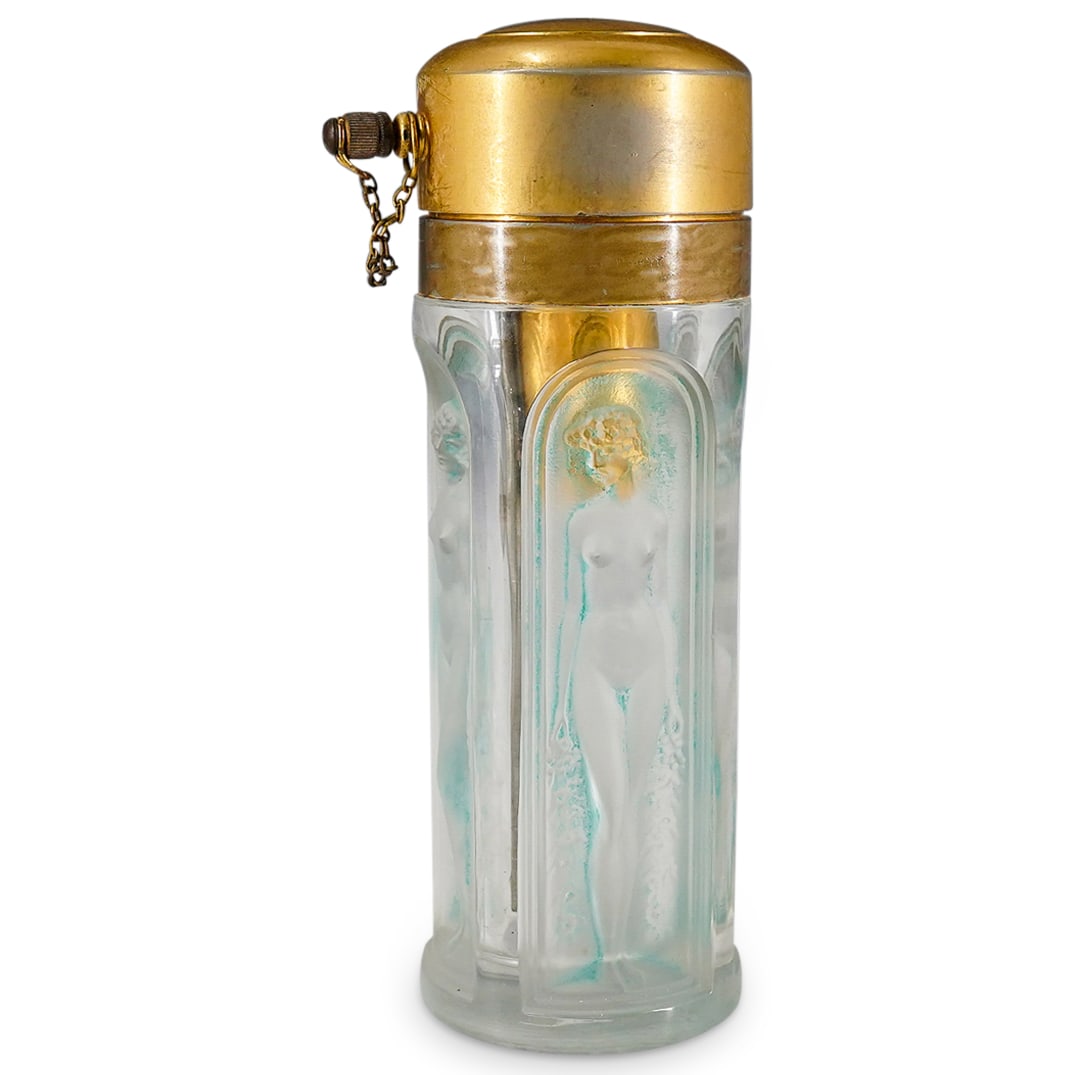 Rene Lalique (1860-1945) France Sussfeld Glass Atomizer: DESCRIPTION: Antique Sussfeld atomizer clear, frosted, and molded glass bottle featuring 4 nude ladies throughout and deco style arches around them. Underside stamped indistinctly CIRCA: Early 20th ce