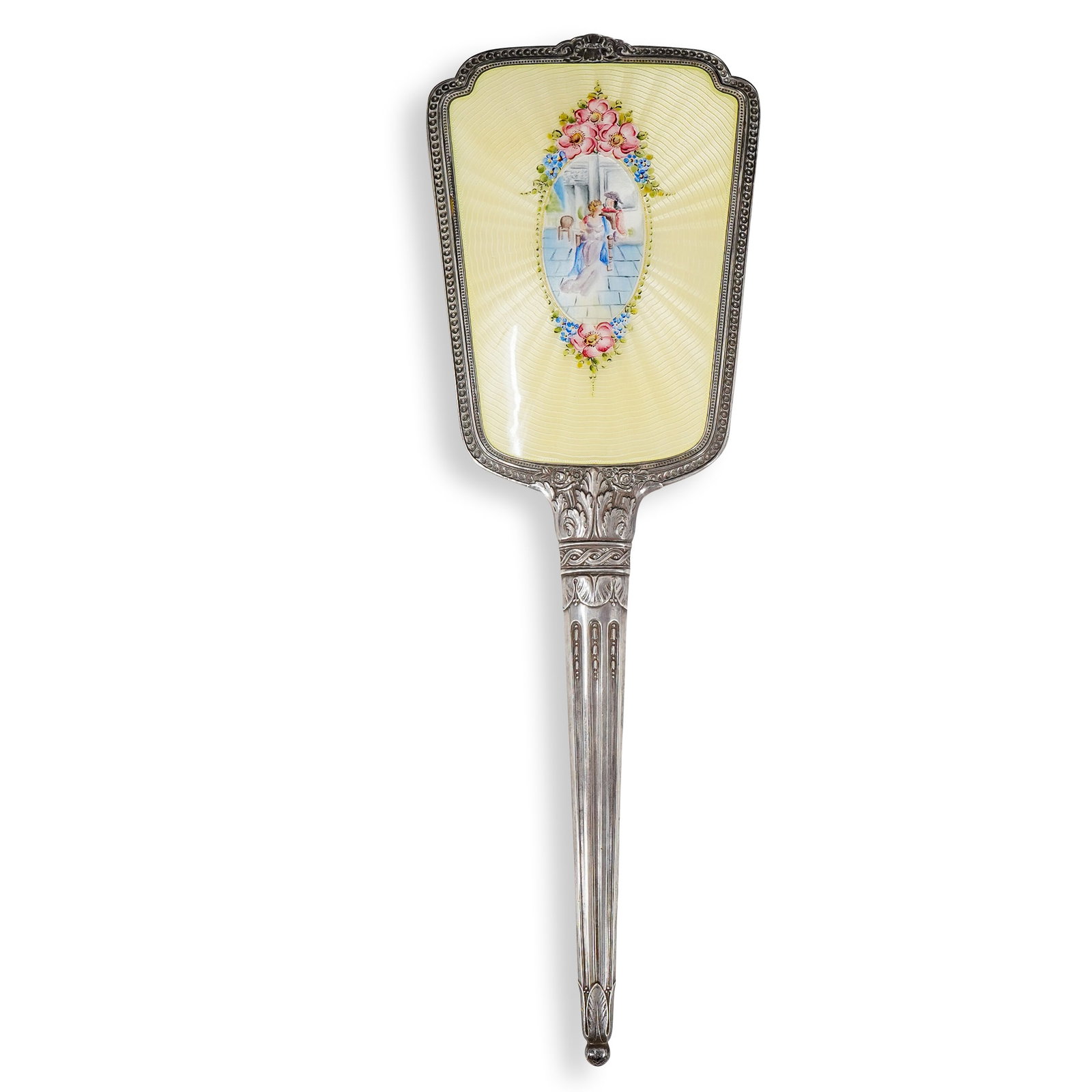 Antique Sterling Silver Enamel Guilloche Vanity Dresser Hand Mirror (1 of 11)
