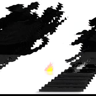 David Gilhooley (1943-2013) Hot Paw Rare Acrylic Sculpture: DESCRIPTION: Black acrylic sculpture depicting a group of 5 dogs on a black acrylic stepped base with a small red, orange, and yellow flame in front of them. Underside signed "10/2007 DAVID GILHOOLY '