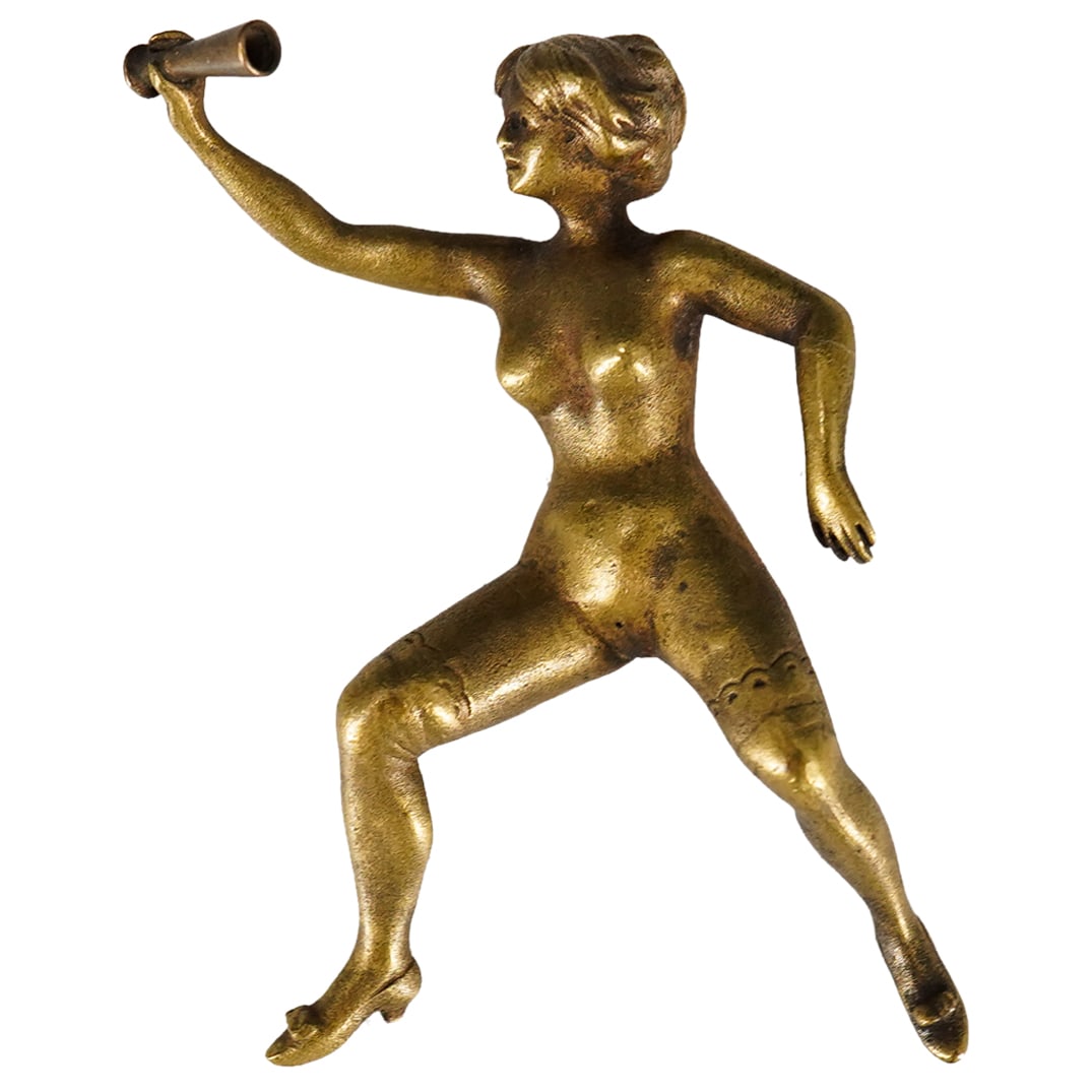 Antique Bronze Figural Nude Mounting: DESCRIPTION: Antique bronze figural mounting depicting a nude lady holding some kind of goblet. She has detailing around her thighs, where she appears to be wearing knee high tights and heeled shoes.