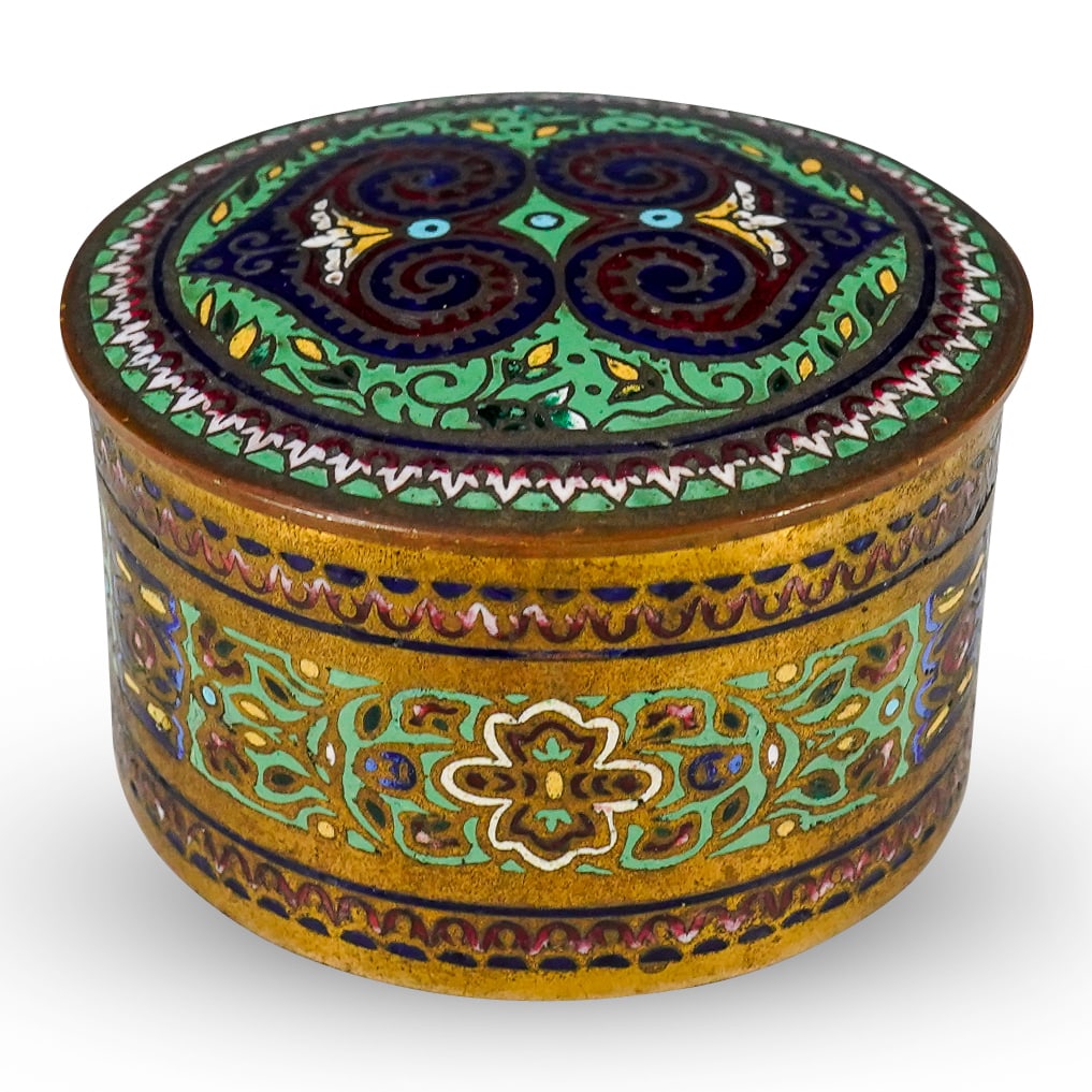 Vintage French Champleve Bronze & Enamel Round Box (1 of 9)