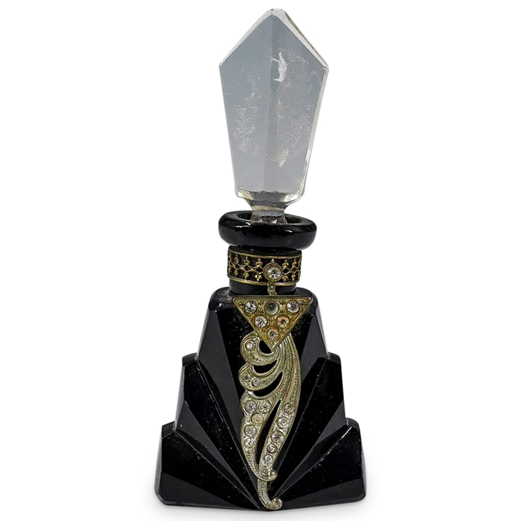 Art Deco Bohemian Black Glass Perfume Bottle (1 of 7)