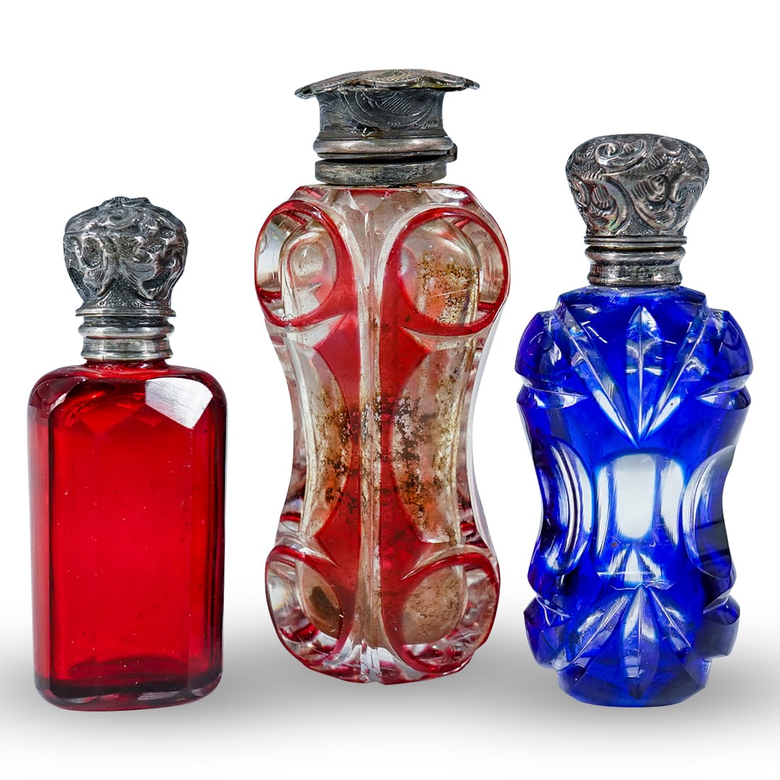 (3 Pc) Antique Silver Mounted Bohemian Glass Perfume Bottles (1 of 14)