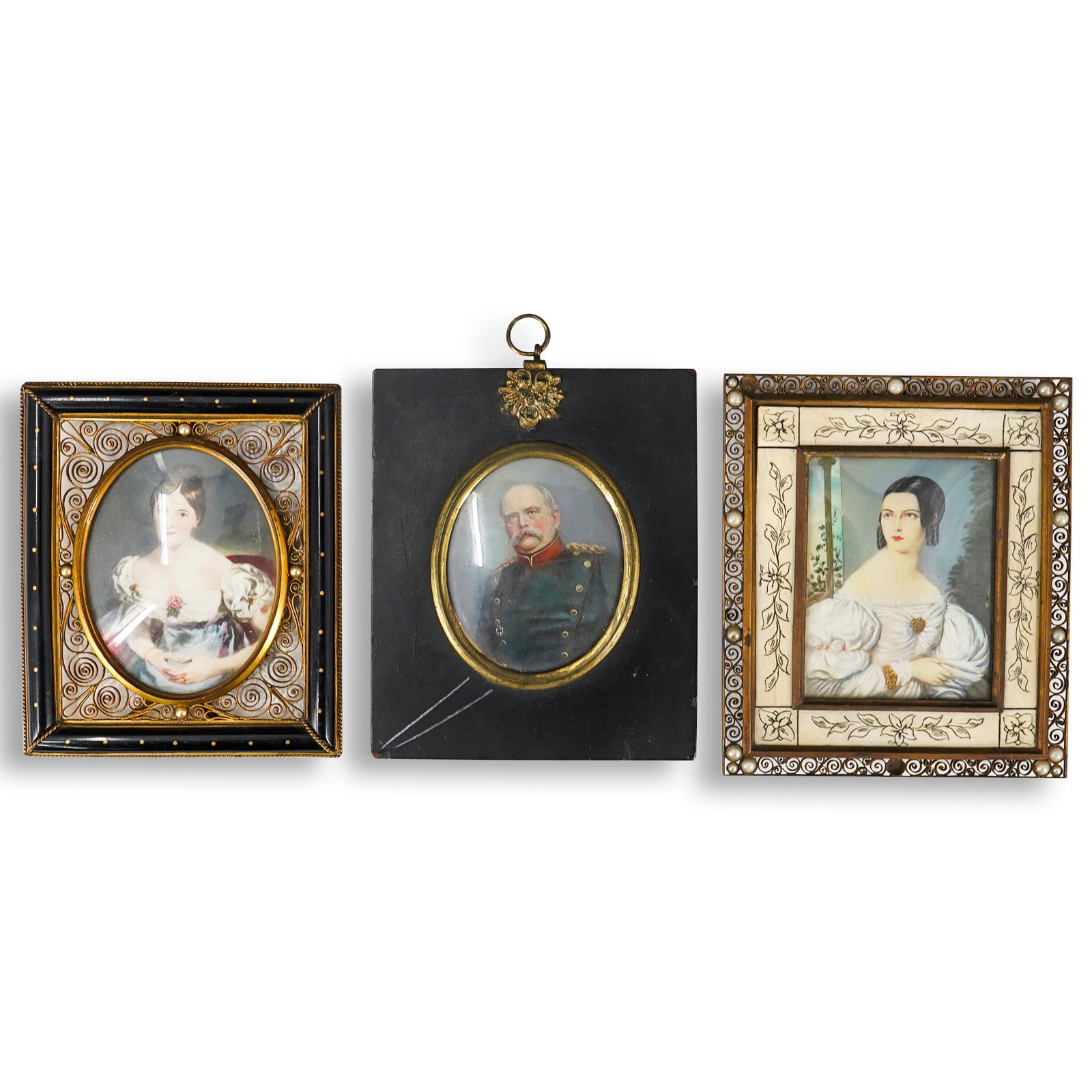 (3 Pc) Antique European Framed Portraits: DESCRIPTION: Set of 3 19th century French framed portraits, featuring oval portrait of Countess of Blessington, Marguerite Gardiner in a gilt and black frame. Frame consists of gold swirls and pearl a