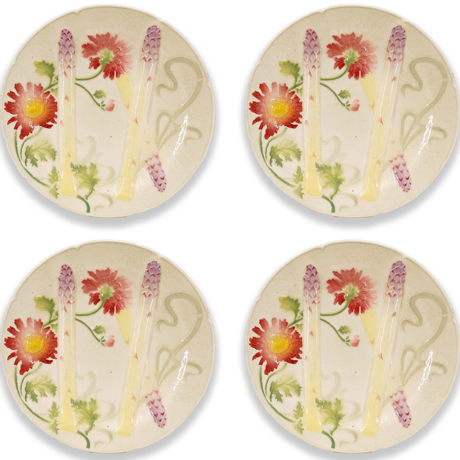 (4 Pc) Antique French Majolica Asparagus Plates: DESCRIPTION: Four antique Keller & Guerin majolica glazed ceramic asparagus plates, each decorated with relief floral, foliage, and asparagus motifs. Each marked on underside. CIRCA: Late 19th - early