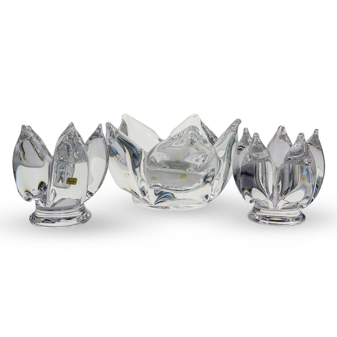 (3 Pc) Kosta Boda Crystal Lotus Candle Holders and Bowl (1 of 10)