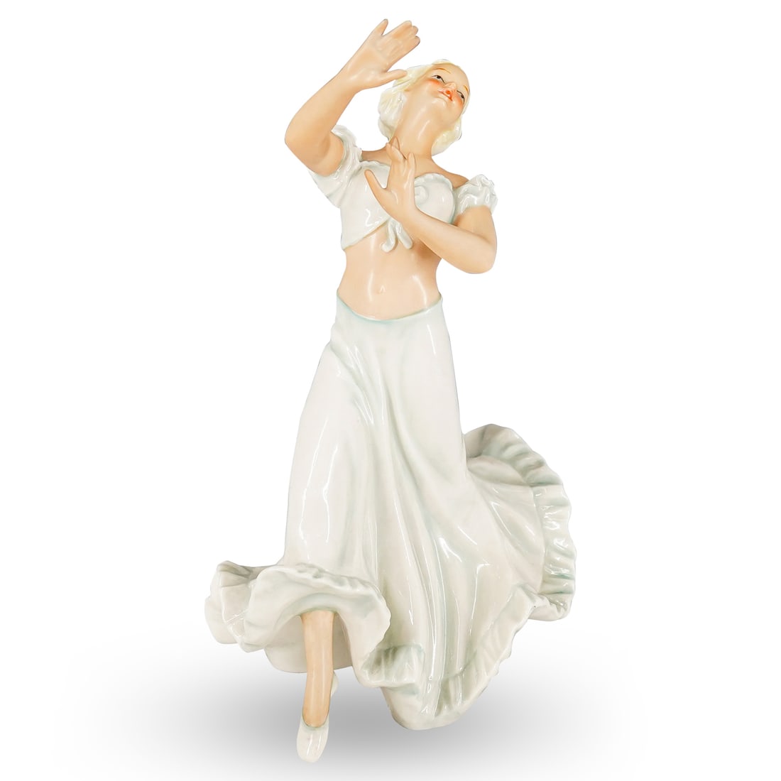 Antique 1940's Schaubach Kunst Porcelain Dancing Girl Figurine: DESCRIPTION: Art Deco Schaubach Kunst glazed porcelain dancing girl figurine. Appears as if her hair is flowing and her hemline kicks up as she moves. CIRCA: 1940's ORIGIN: Germany DIMENSIONS: H: 10" 