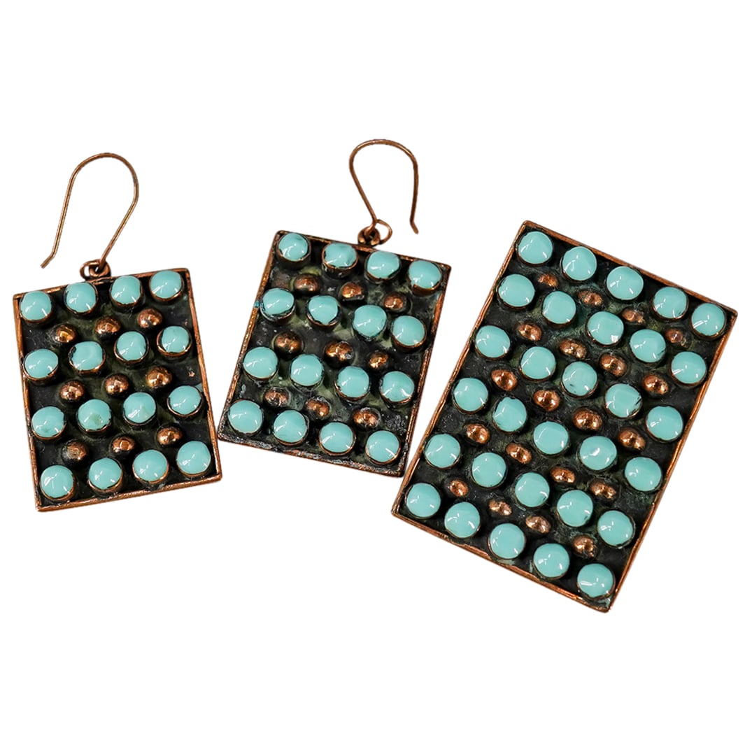 Mid Century Enameled Brass Earrings & Pendant: DESCRIPTION: Three matching pieces of mid-century modern jewelry - two earrings, one pendant - each composed of a rectangular brass field adorned with rows of studs and turquoise tone enamel insets. C