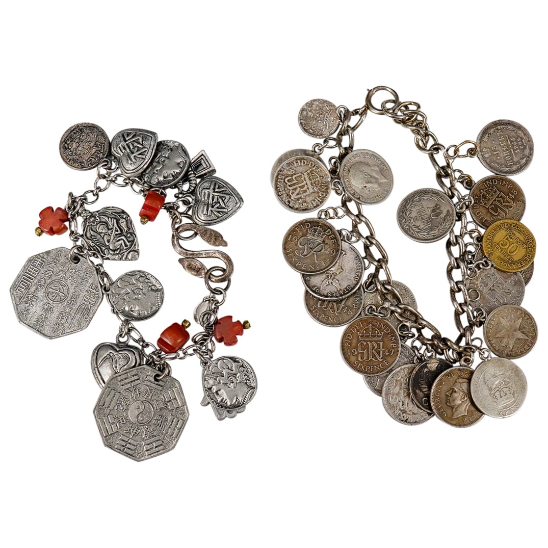 (2 Pc) Vintage Silver Charm Bracelets: DESCRIPTION: Set of two silver charm bracelets. Consists of vintage Lee Angel sterling silver charm bracelet featuring various silver alloy charms such as, Chinese symbols with ying yang signs, pagoda