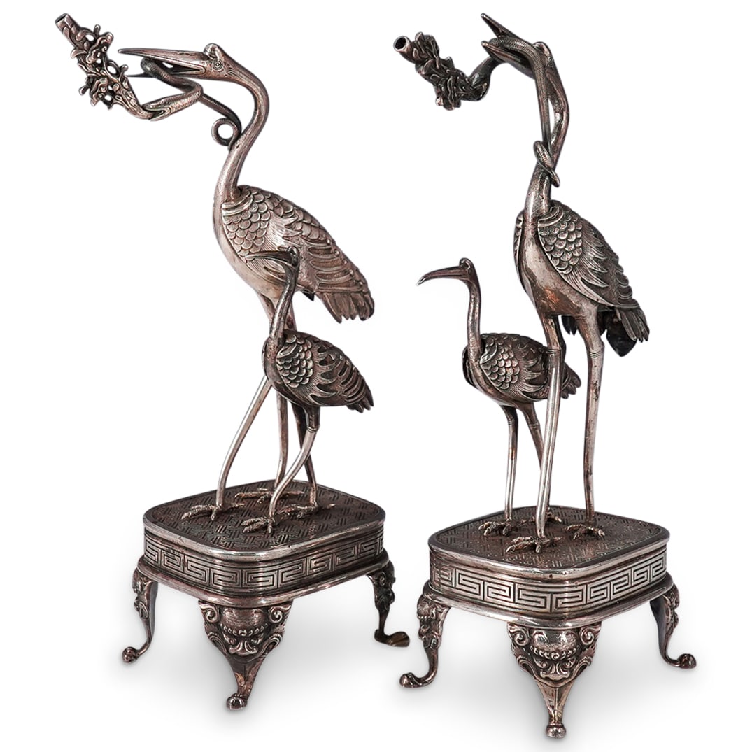 Pair Of Rare Antique Chinese Silver Crane And Snake Joss Stick Holders (1 of 15)