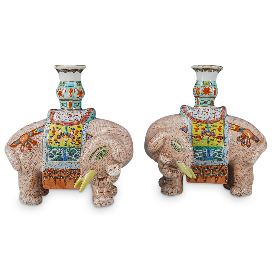 Pair Of Chinese Export Famille Rose Elephant Candlesticks (1 of 12)