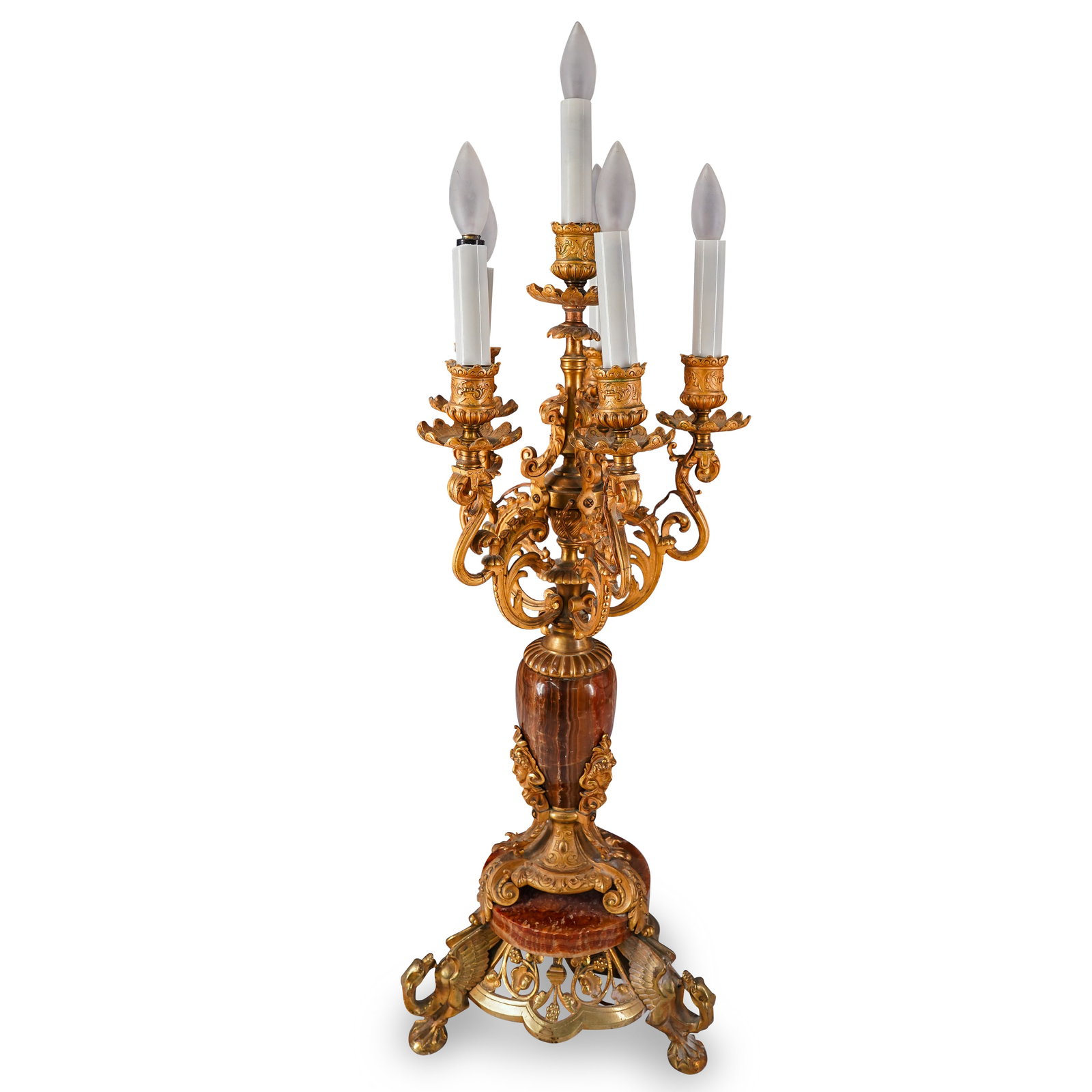 Antique Onyx & Gilt Bronze Candelabrum: DESCRIPTION: Antique onyx & gilt bronze six-light candelabra fitted for electricity and decorated with scrolling arms, floral and foliage motifs, figural masks, openwork aprons, and three beast-form l