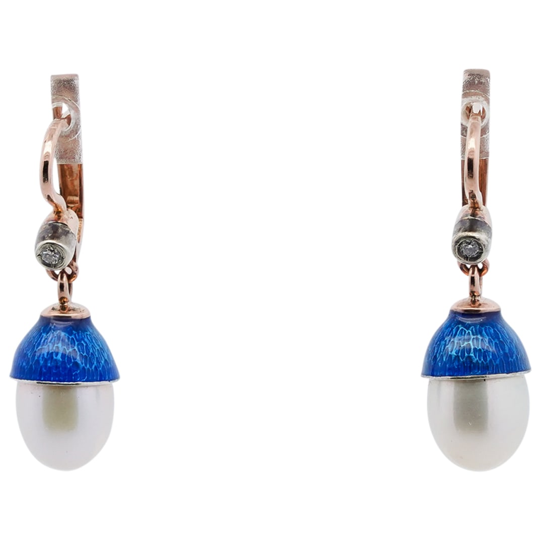 Pair Of Antique Russian Faberge 14K Red Gold Enameled Earrings W/ Pearls (1 of 7)