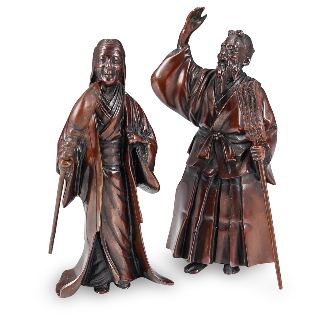 Pair Of Antique Japanese Meiji Takasago Wedded Pine Spirit Bronzes (1 of 15)