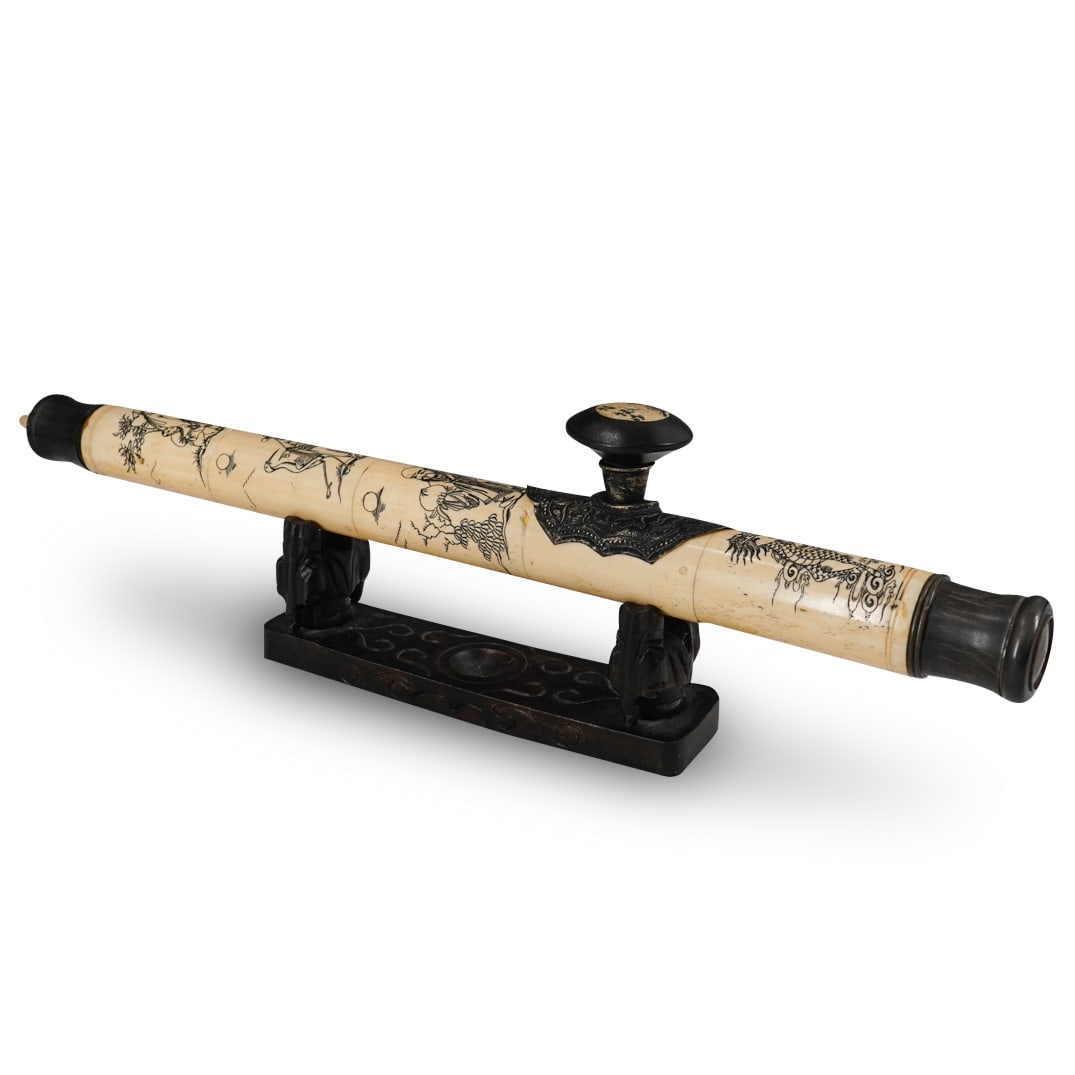 Antique Chinese Carved Bone, Horn, And Metal Opium Pipe W/ Stand: DESCRIPTION: Antique opium pipe featuring a carved bone body featuring horn fittings at either end and a mixed metal bowl. Body is carved with scenes populated by the SanXing - Fu, Lu, and Shou - and