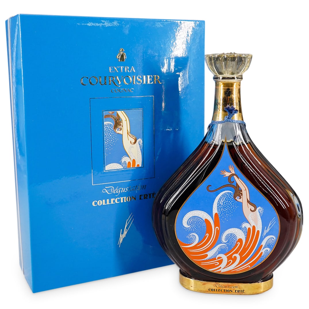 Erte "Degustation" Courvoisier Cognac No. 5: DESCRIPTION: Romain 'Erte' de Tirtoff "Degustation" Courvoisier Cognac No. 5. New in sealed original box with packaging and coa. CIRCA: 20th Cent. ORIGIN: France DIMENSIONS: Bottle H: 10" x D: 6.5", B