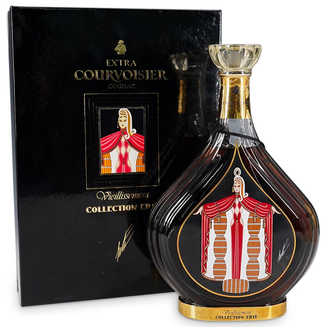 ERTE "Vieillissement" Courvoisier Cognac NO. 4: DESCRIPTION: Romain 'Erte' de Tirtoff "Vieillissement" Courvoisier Cognac No. 4 Sealed in original box and packaging. CIRCA: 20th Cent. ORIGIN: France DIMENSIONS: Box: H: 11.5" x W: 3.5" x L: 8.5" (Bo