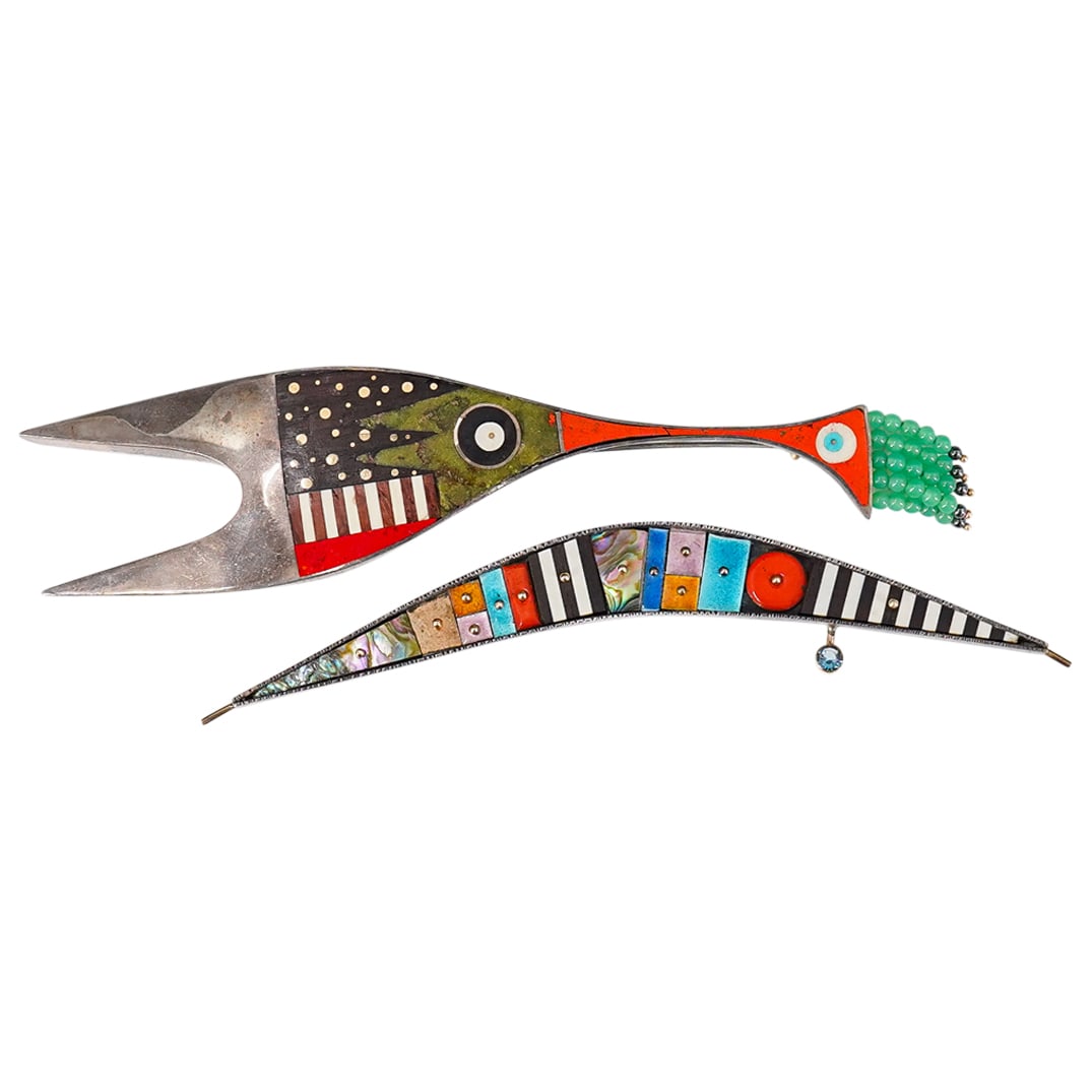 (2 Pc) Earl & Tod Pardon Sterling & Enamel Brooches: DESCRIPTION: 2 sterling silver brooches, the first piece is a sterling silver crescent brooch made by Earl Pardon (America, 1921-1991) (father) features colorful enamel mosaics, each individually crea