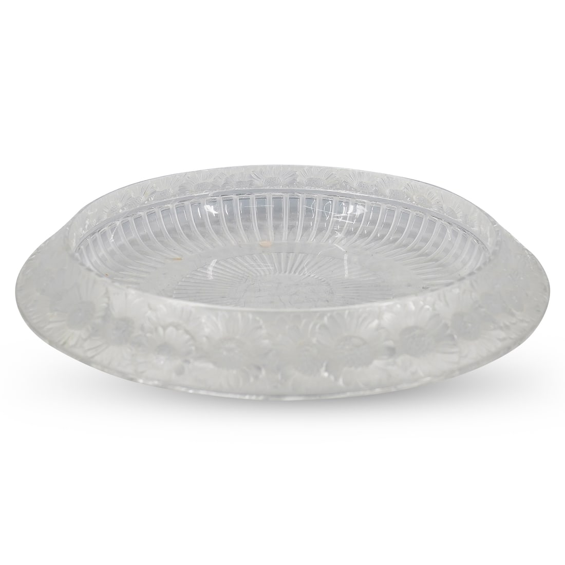 Lalique "Marguerite" Crystal Centerpiece Bowl: DESCRIPTION: Lalique "Marguerite" crystal centerpiece bowl featuring sunflower designs around the lip and marked "LALIQUE FRANCE" on underside. CIRCA: Late 20th - Early 21st Cent. ORIGIN: French DIMEN