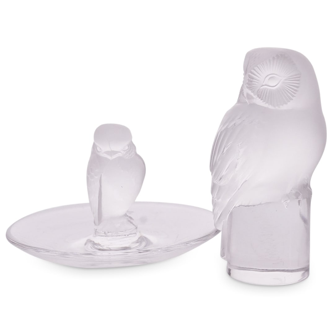 (2 Pc) Lalique Owl Paperweight and "Rapace" Ring Tray (1 of 13)
