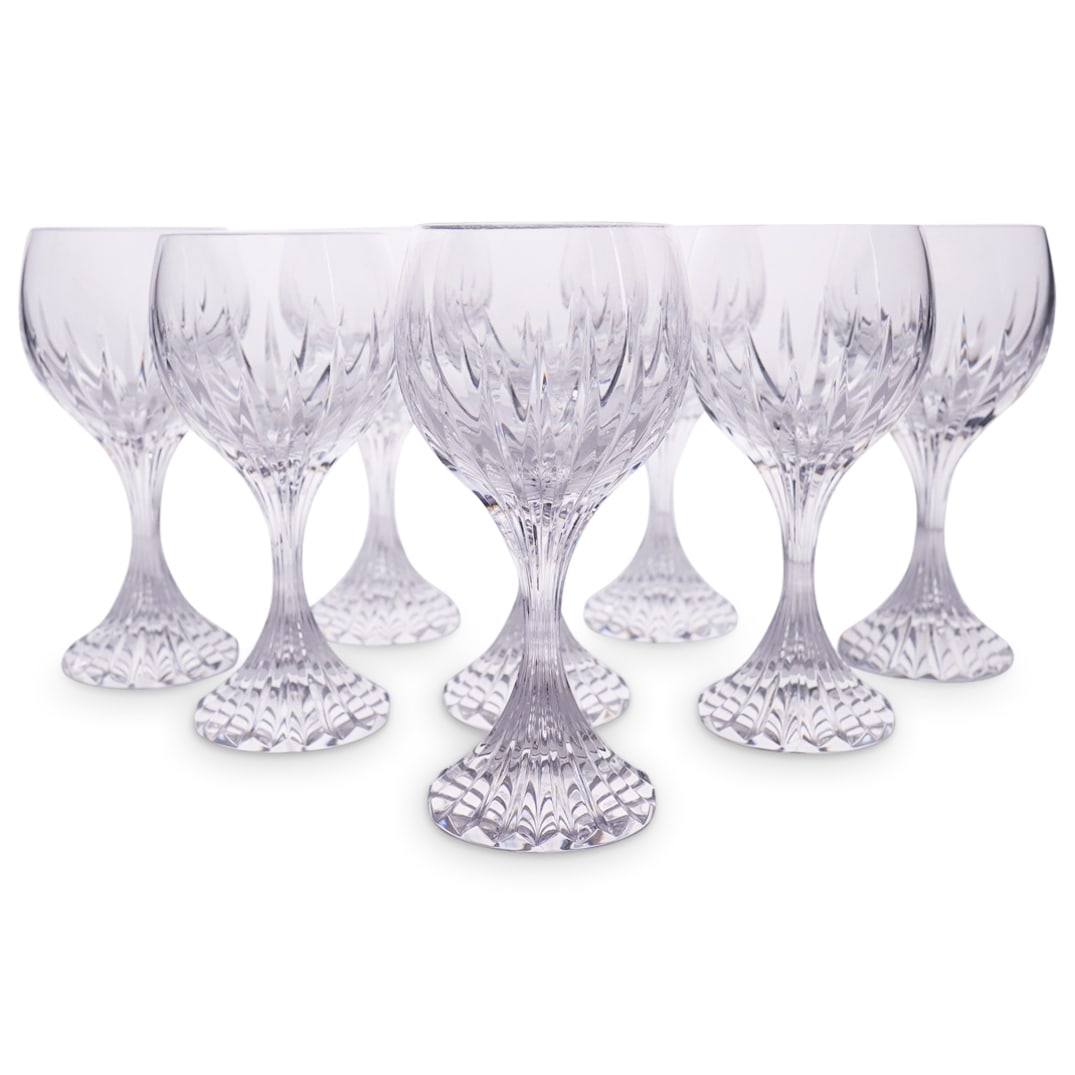(8 Pc) Baccarat Crystal Massena Claret Wine Goblet: DESCRIPTION: Set of 8 Baccarat crystal claret wine goblet cut in "Massena" pattern. Etched underside "Baccarat France" CIRCA: 21st Cent. ORIGIN: French DIMENSIONS: H: 6.375" W: 3.25" CONDITION: Good c