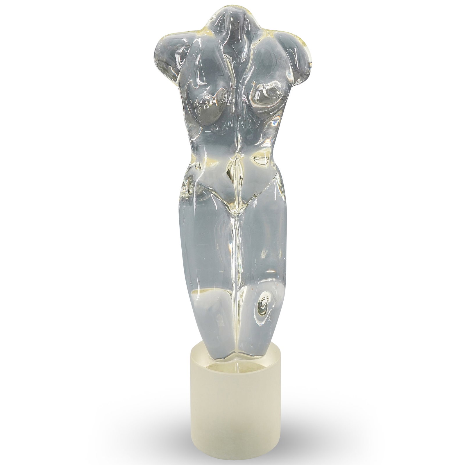 Vintage Signed Murano Glass Nude Sculpture: DESCRIPTION: Vintage Murano glass blown sculpture featuring the form of a nude female figure, raised on cylindrical frosted base. Signed illegibly at underside. CIRCA: 20th Cent. ORIGIN: Italy DIMENSI