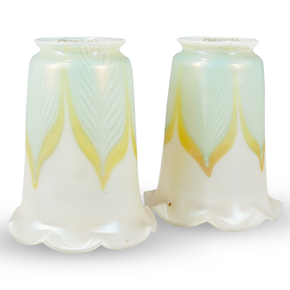 Pair Of Pulled Feather Quezal Glass Shades (1 of 8)