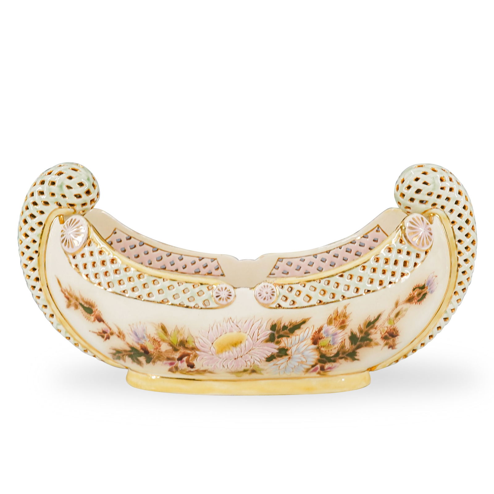 Antique Zsolnay Porcelain Reticulated Centerpiece Bowl: DESCRIPTION: Antique Zsolnay porcelain gilt accented centerpiece bowl featuring floral motifs in its well and around its exterior and sporting reticulations on its handles and under is lip. Stamped an
