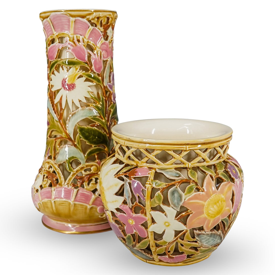 (2 Pc) Antique Zsolnay Porcelain Pierced Floral Vases (1 of 15)