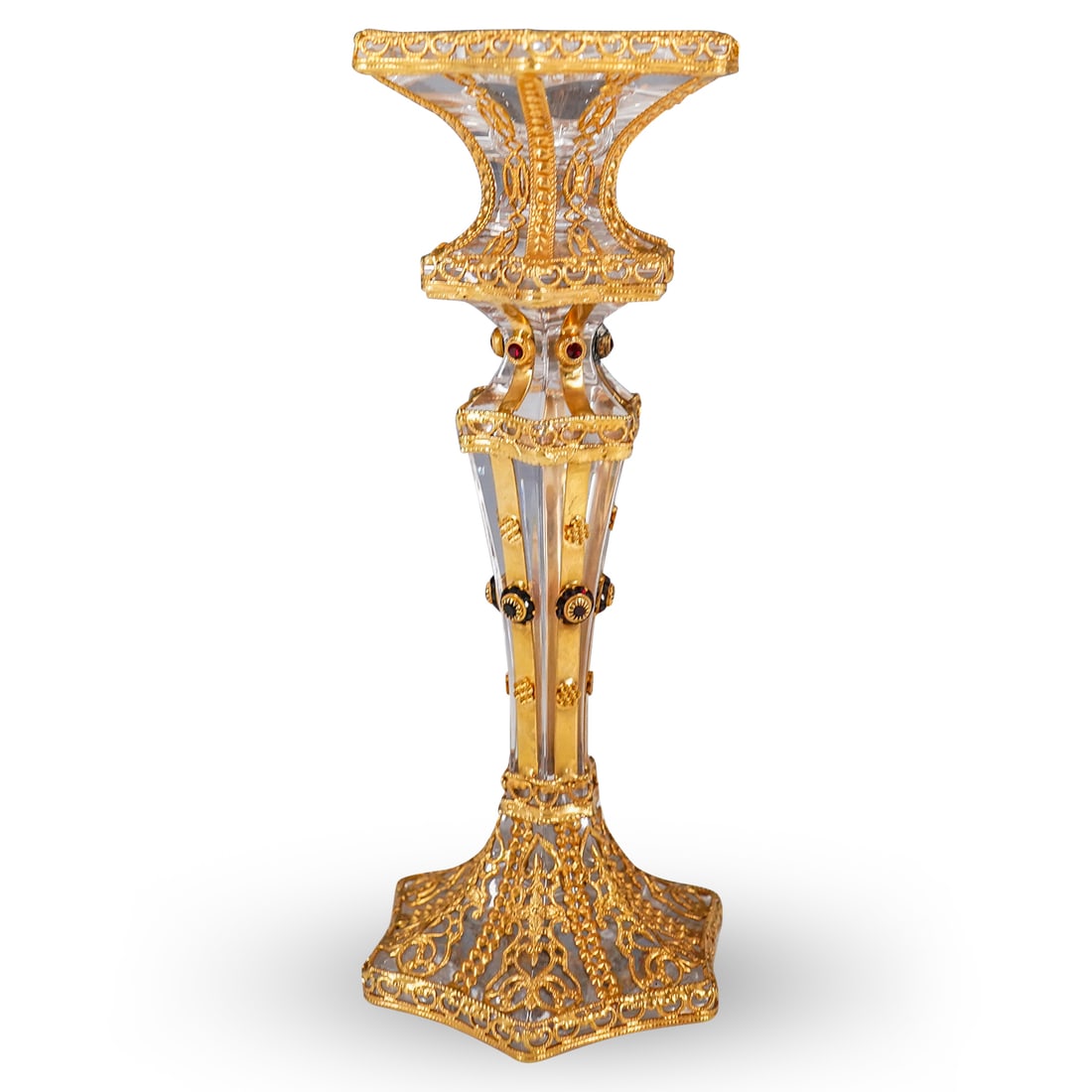 Antique Moser Glass Gilt Overlay Candlestick: DESCRIPTION: Exquisite antique Moser glass candlestick featuring a pierced, gilt overlay depicting flowers and foliage sporting gemstone accented floral medallions on the stem. CIRCA: Early 20th Centu