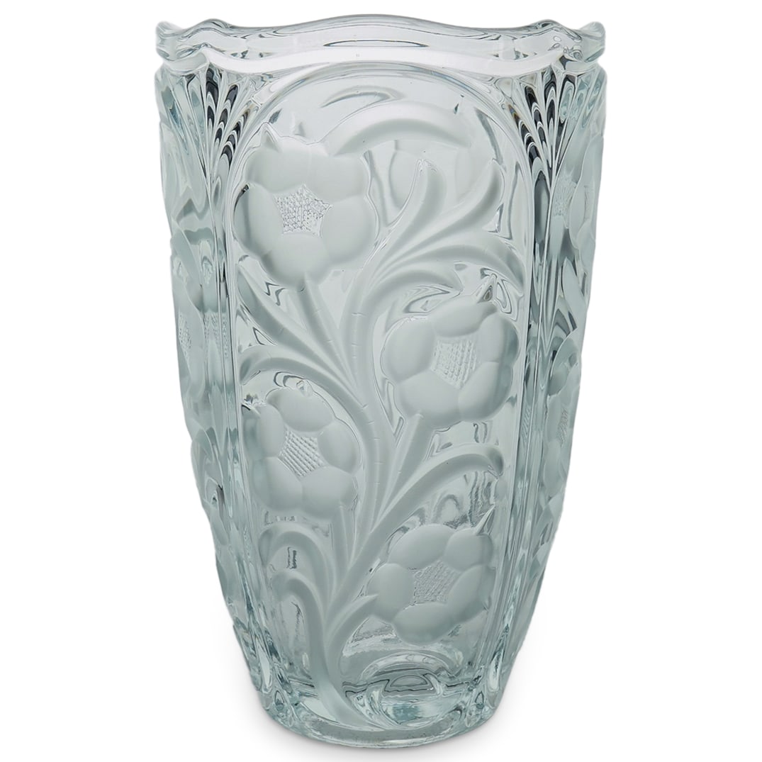 Lalique Style Frosted And Polished Crystal Glass Floral Vase: DESCRIPTION: Crystal glass vase crafted in the style of Lalique featuring textured and frosted floral and foliage designs. CIRCA: 20th Century ORIGIN: France DIMENSIONS: H: 9.75" D: 6" CONDITION: Mino